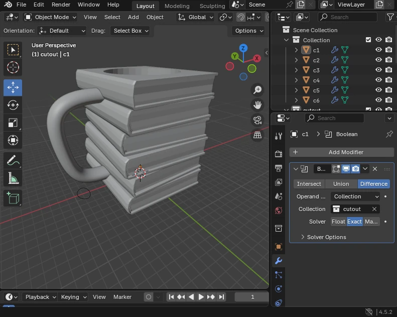 Screenshot of a Blender window, with the 3D viewer on the left.
The camera is focused on a stack of books, which are slightly rotated, as if stacked in a hurry. The bookstack has a hole cut out in the center and a handle attached on one side.