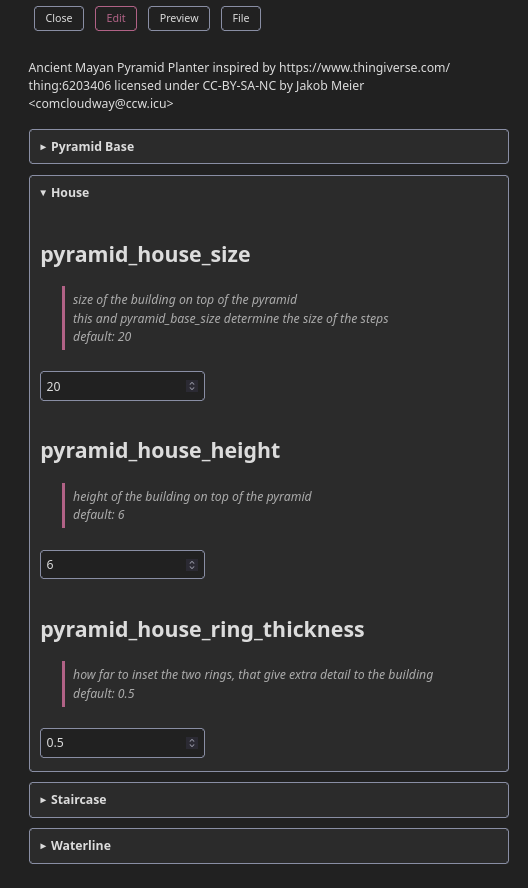 Edit Tab, with a description and 4 sections, three of which are closed and one is opened to reveal 3 value input fields with explanations