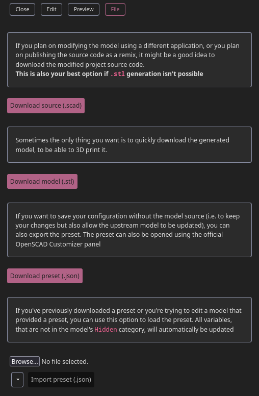 File tab, showing all the available options with an explanation