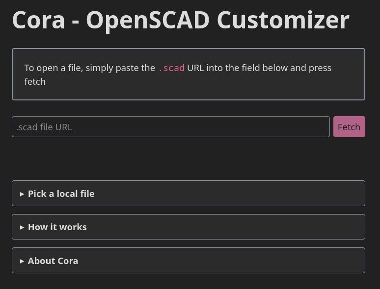 Cora landing page, with a file input field and three details elements to access additional features or information