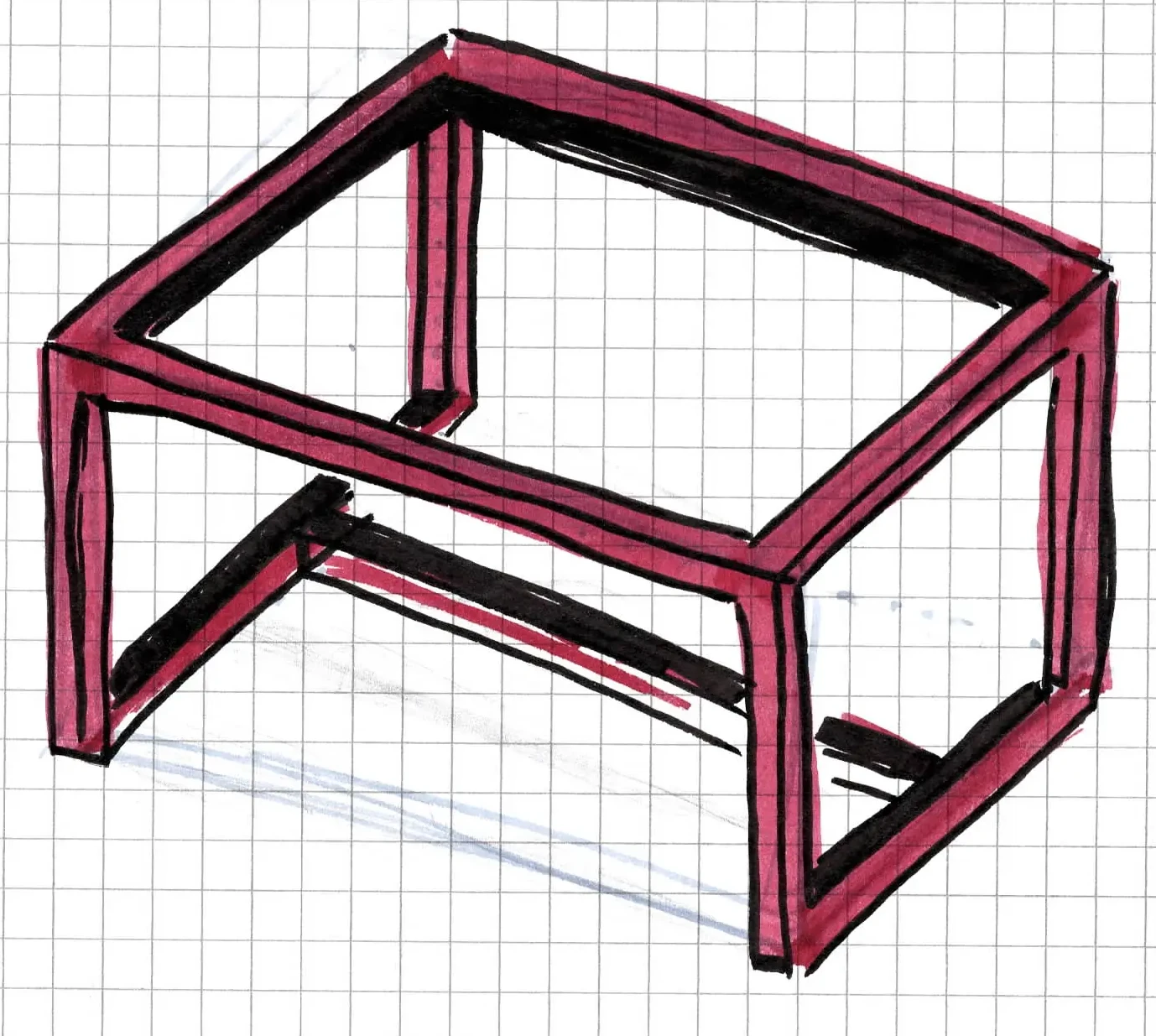 Sketched cuboid outline.
It is made up of two rectangular beam assemblies, connected on the top using two long beams.
There is a third long beam on the bottom middle. Sketched cuboid outline.
It is made up of two rectangular beam assemblies, connected on the top using two long beams.
There is a third long beam on the bottom middle.