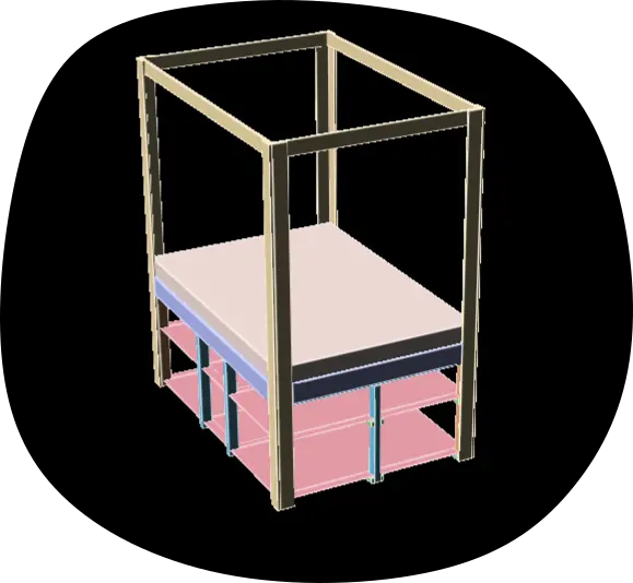 Coloured 3D rendering of a tall bed with a canopy structure.
The base is made up of two shelve layers. Coloured 3D rendering of a tall bed with a canopy structure.
The base is made up of two shelve layers.