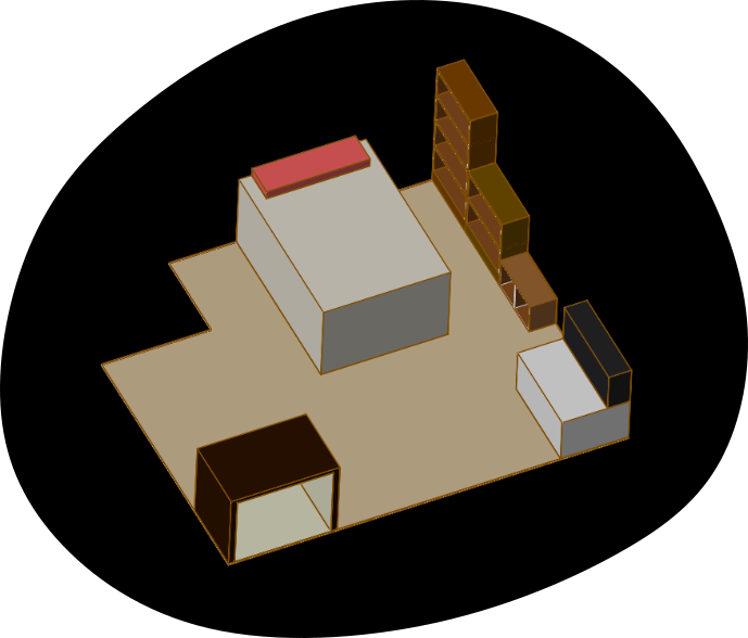 Basic 3D rendering of a room.
The room has a rectangular, almost square share with a corner missing.
A large shelve has been placed against one wall, with a sofa-like structure next to it.
A desk shaped object can be seen placed against the longest wall.
A fairly tall cuboid shape is placed near the shelf, with a pillow-shaped object on it.
The objects are separated by quite a bit of empty space, giving the room an open appearance. Basic 3D rendering of a room.
The room has a rectangular, almost square share with a corner missing.
A large shelve has been placed against one wall, with a sofa-like structure next to it.
A desk shaped object can be seen placed against the longest wall.
A fairly tall cuboid shape is placed near the shelf, with a pillow-shaped object on it.
The objects are separated by quite a bit of empty space, giving the room an open appearance.