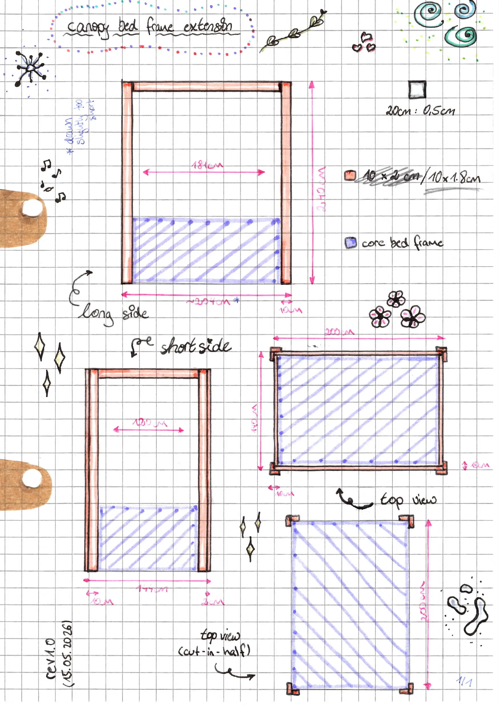 Scanned page titled “canopy bed frame extension”. It shows different views of the canopy legs and how the fit together, as described in the text. Scanned page titled “canopy bed frame extension”. It shows different views of the canopy legs and how the fit together, as described in the text.