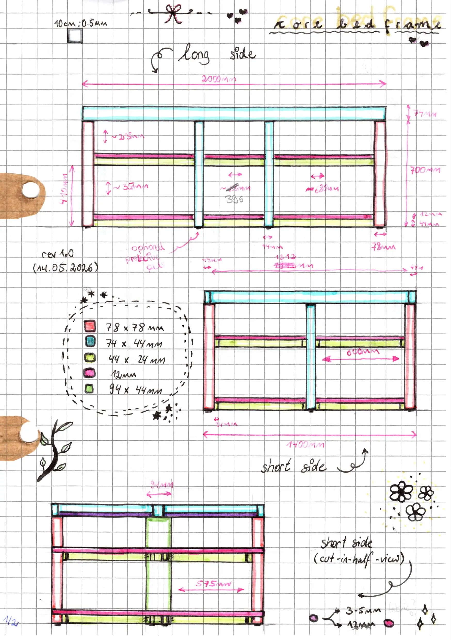 Scanned first page of the core bed frame design. The page has colourful drawings of the bed marked as long side, short side and short-side (cut-in-half-view).
The page is decorated with tiny drawings. The bed design is annotated with dimensions. Scanned first page of the core bed frame design. The page has colourful drawings of the bed marked as long side, short side and short-side (cut-in-half-view).
The page is decorated with tiny drawings. The bed design is annotated with dimensions.