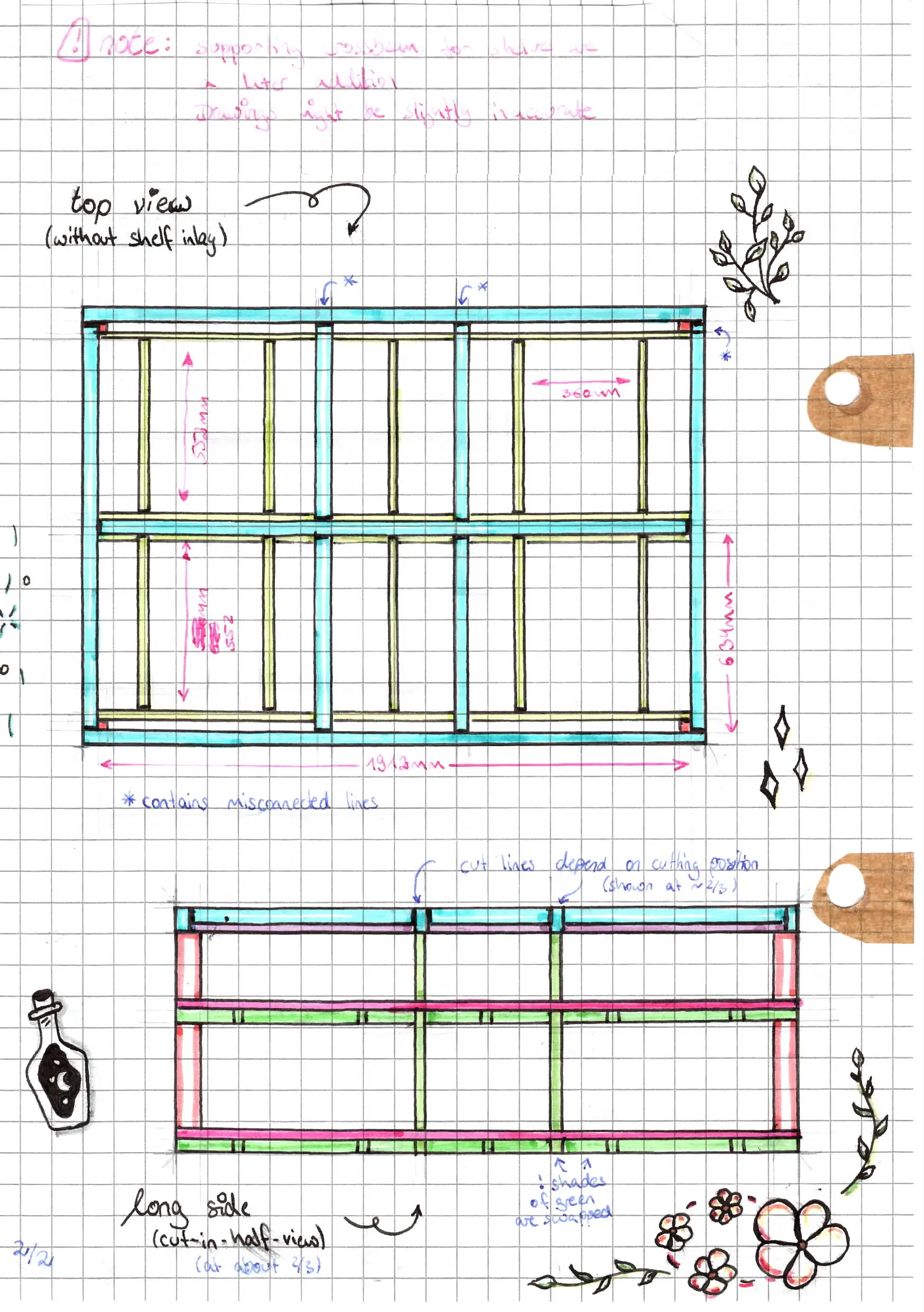 Second scanned page, showing the top view and long side view (cut in half). The page has more cute drawings along the edge of the paper. Second scanned page, showing the top view and long side view (cut in half). The page has more cute drawings along the edge of the paper.