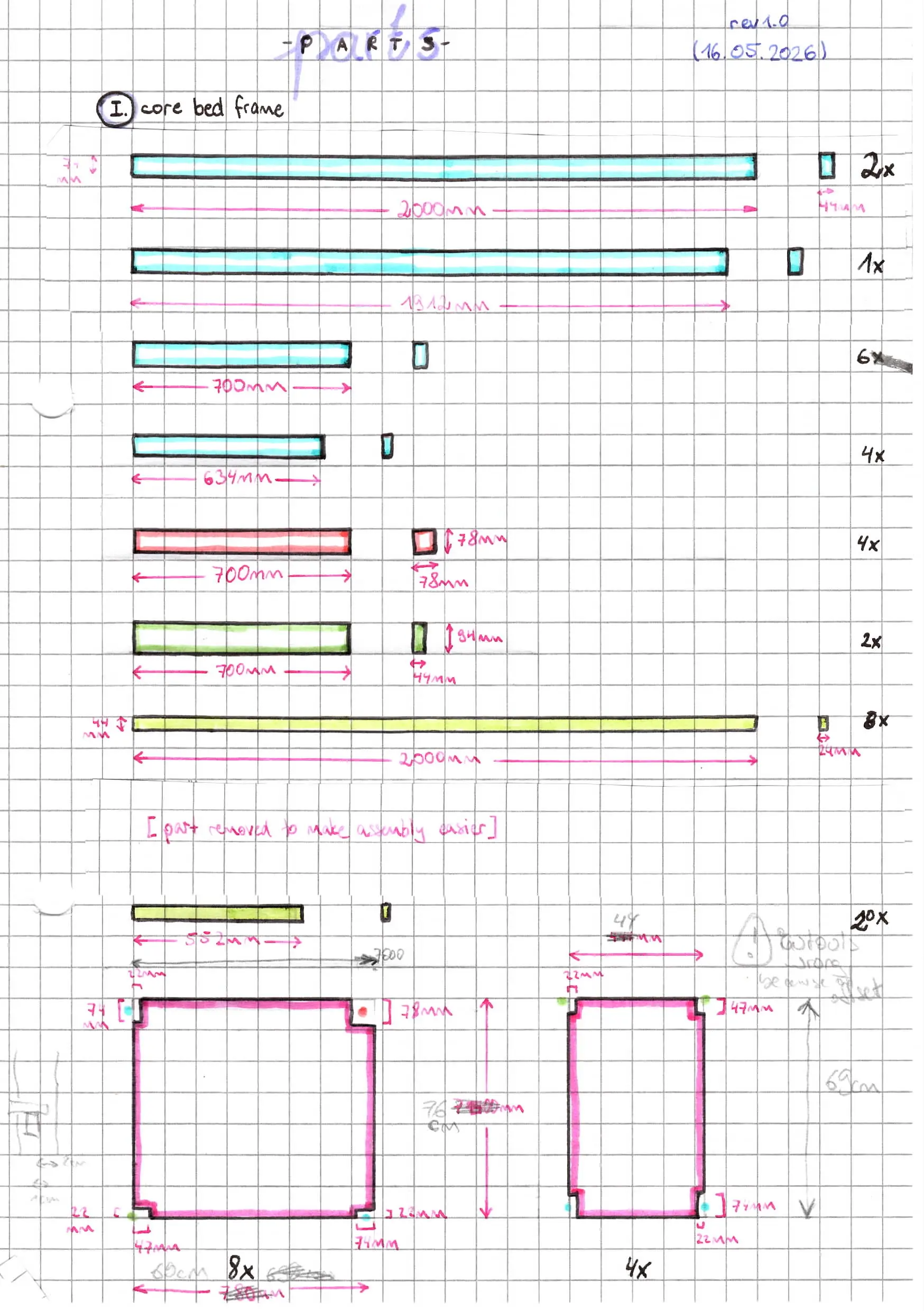 Scanned page labelled &ldquo;parts&rdquo;, similar to all the other pages, it also lists its revision number as 1.0.
Underneath the headline is a subheading titled &ldquo;code bed frame&rdquo;, with drawings of the individual pieces making up the core bed frame