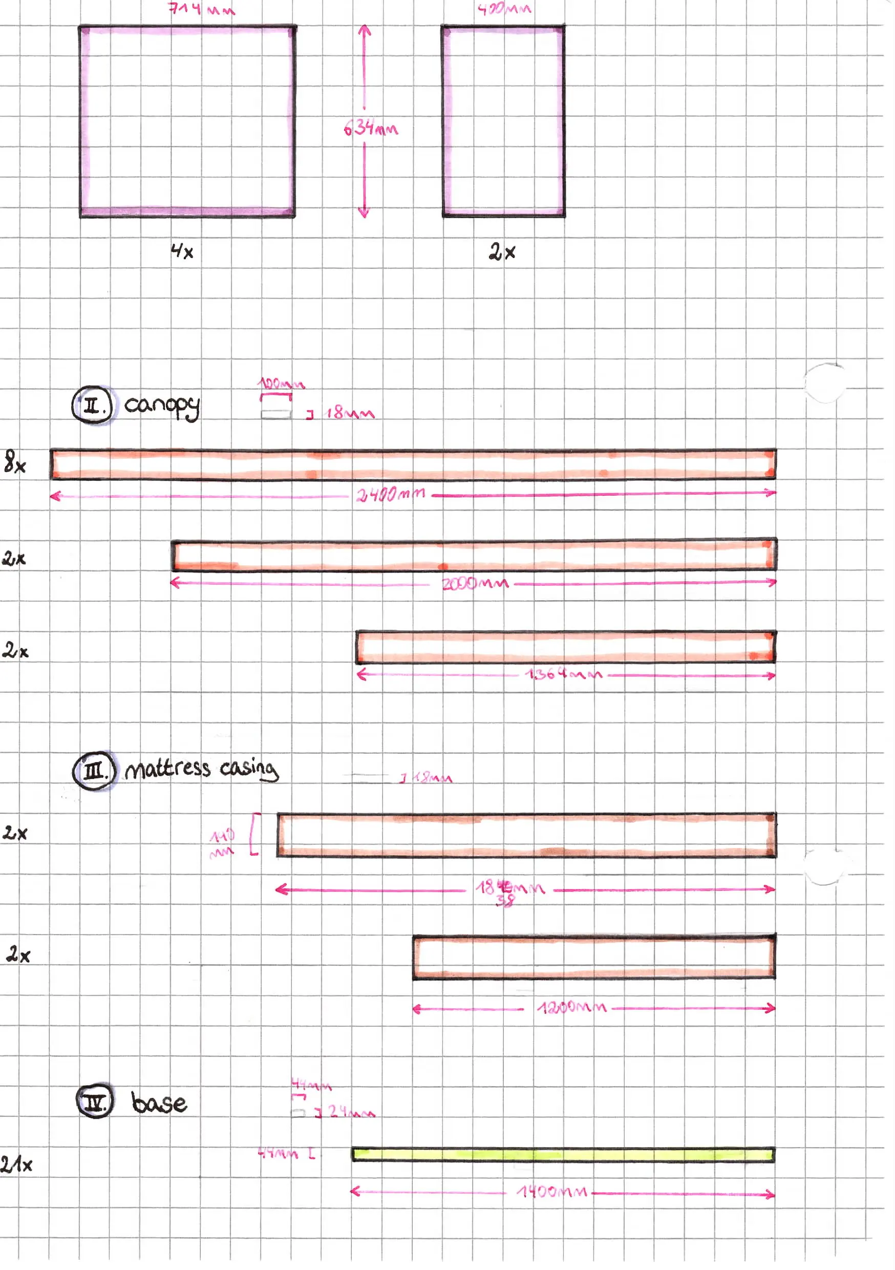 Back of the parts page, with more part drawings under the headlines “canopy”, “mattress casing” and “base” (referring to the slats) Back of the parts page, with more part drawings under the headlines “canopy”, “mattress casing” and “base” (referring to the slats)