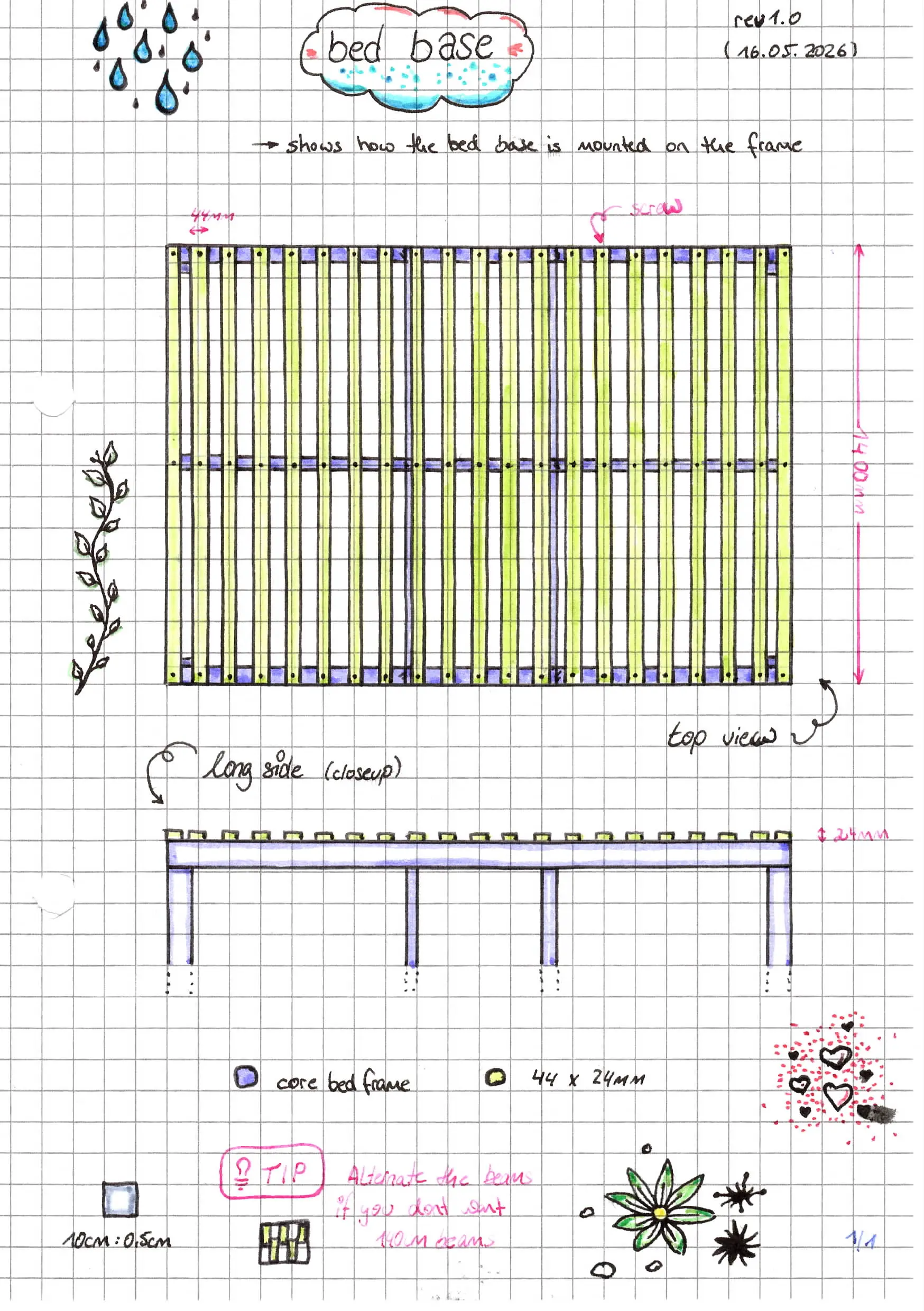 Scanned page titles Bed Base. Similar to the other pages, it has cute drawings around the hand drawn bed design.
The design shows the bed base from top down with the slats highlighted to span all of the 140 cm width.
It also has a long side view, showing the slats extend up above the bed base. Scanned page titles Bed Base. Similar to the other pages, it has cute drawings around the hand drawn bed design.
The design shows the bed base from top down with the slats highlighted to span all of the 140 cm width.
It also has a long side view, showing the slats extend up above the bed base.