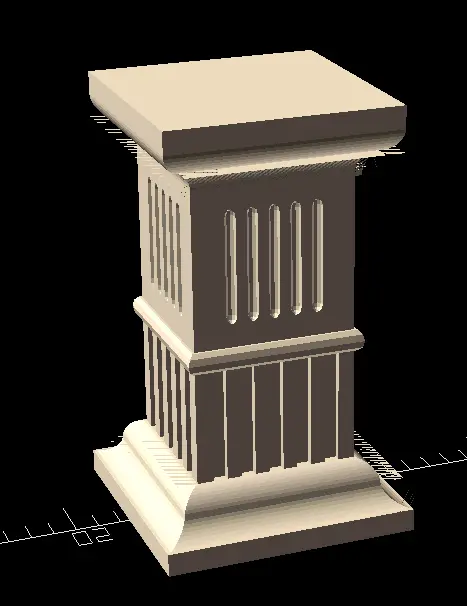 Simple rectangular column. The base transitions into a shaft with inset lines before transitioning back to the top. About half way, the shaft is broken up by a rounded slab.