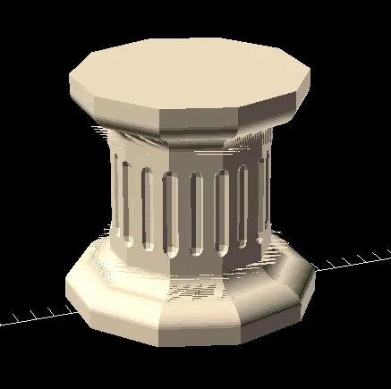 Simple circular column. It has plain rounded sections on both the top and bottom, and transitions into a cylindrical main shaft. The main shaft also has inset lines.