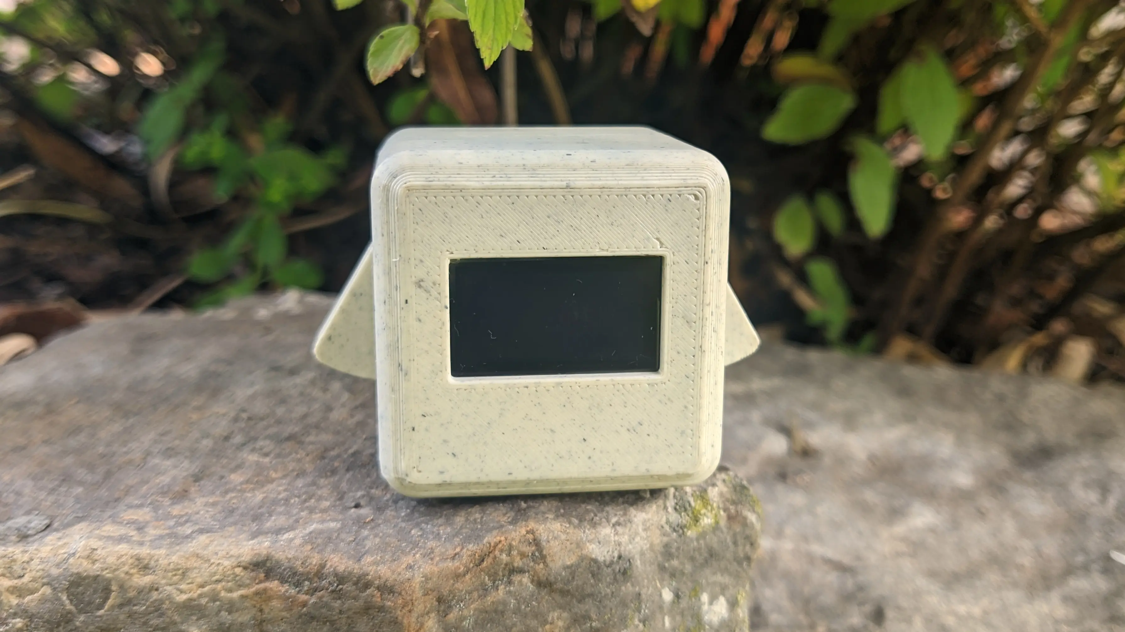 A small cube with rounded edges sitting on a stone under a plant. It has small triangle-shaped arms on the left and right, which get wider the further down they go. On the front is a small recessed area with a black screen.