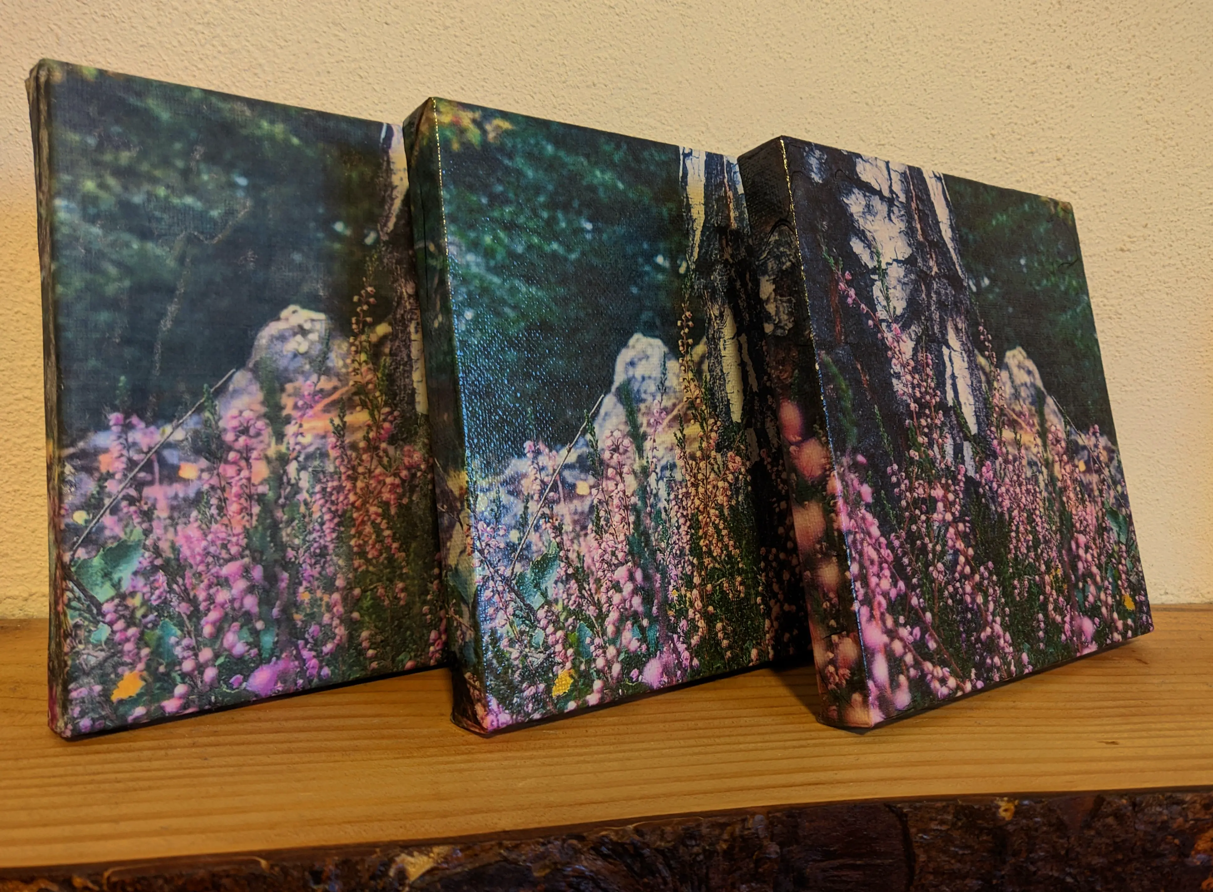 The same image (a tree and pink flowers) transferred onto canvas using three different methods. The canvas pieces are leaning against a wall.