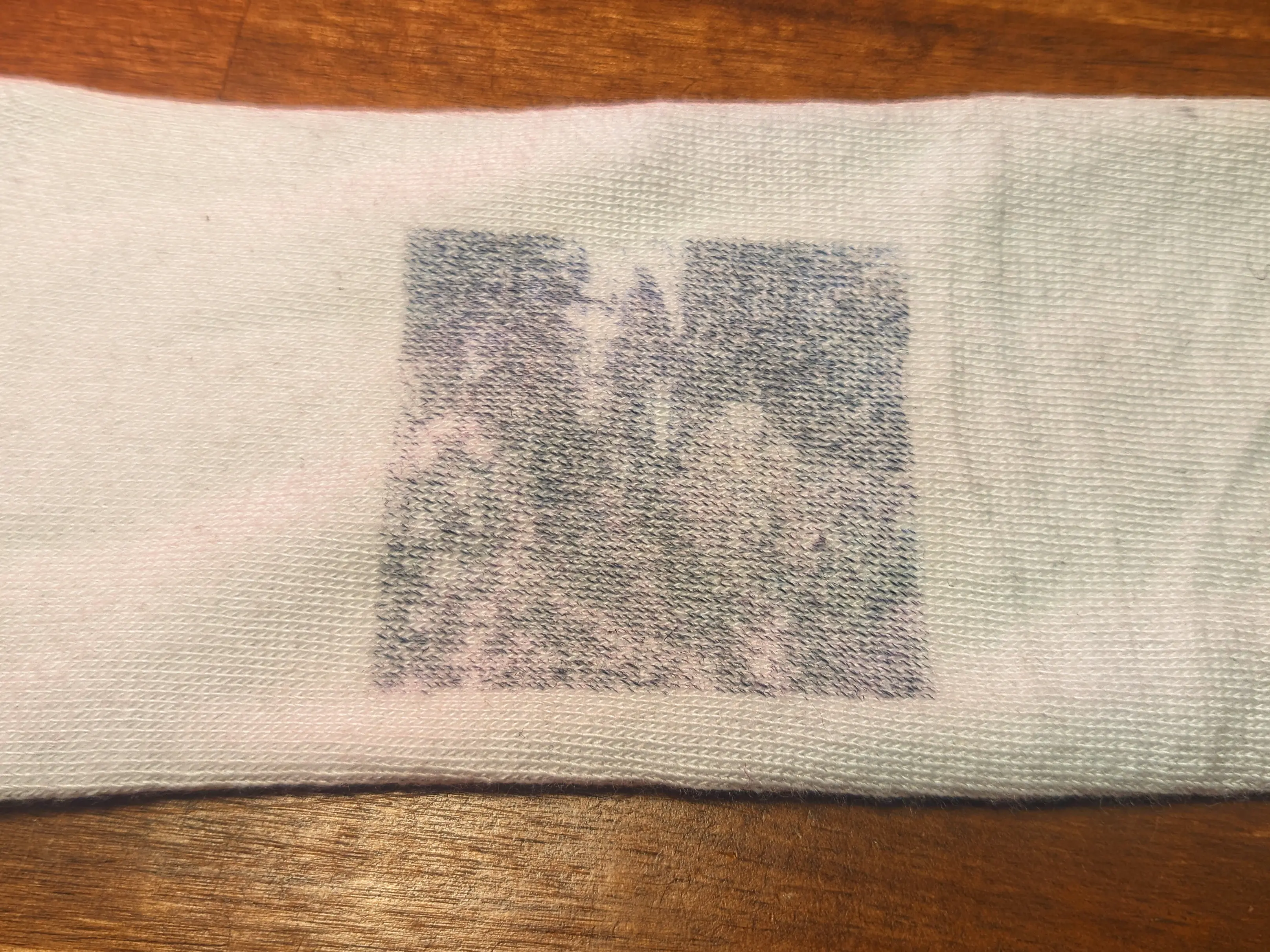 Picture of a piece of white cloth with a faint image transferred onto it.
The image is the same picture of a tree with purple flowers, although it appears to lack some contrast.