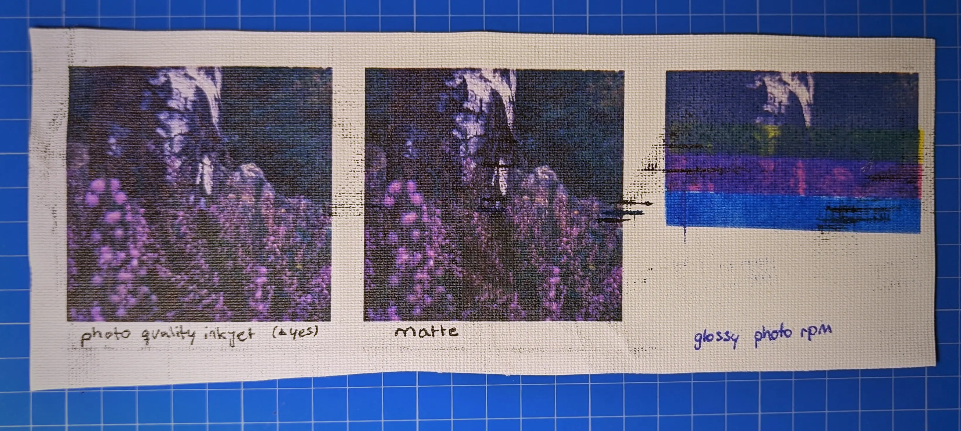 A cut-out, slightly wrinkled piece of canvas sheet with three images in a row.
All three images depict the same tree with pink flowers as shown in the first test print.
The leftmost image doesn&rsquo;t have great contrast. It is labeled &ldquo;photo quality inkjet&rdquo;.
The image in the middle has perfect color values and is labeled &ldquo;matte&rdquo;.
The entire sheet is streaked with black ink lines from the last image, with obvious failed print marks.
The last image only printed half, with the last few rows a mixture of yellow, pink, and blue. It is labeled &ldquo;glossy photo rpm&rdquo;