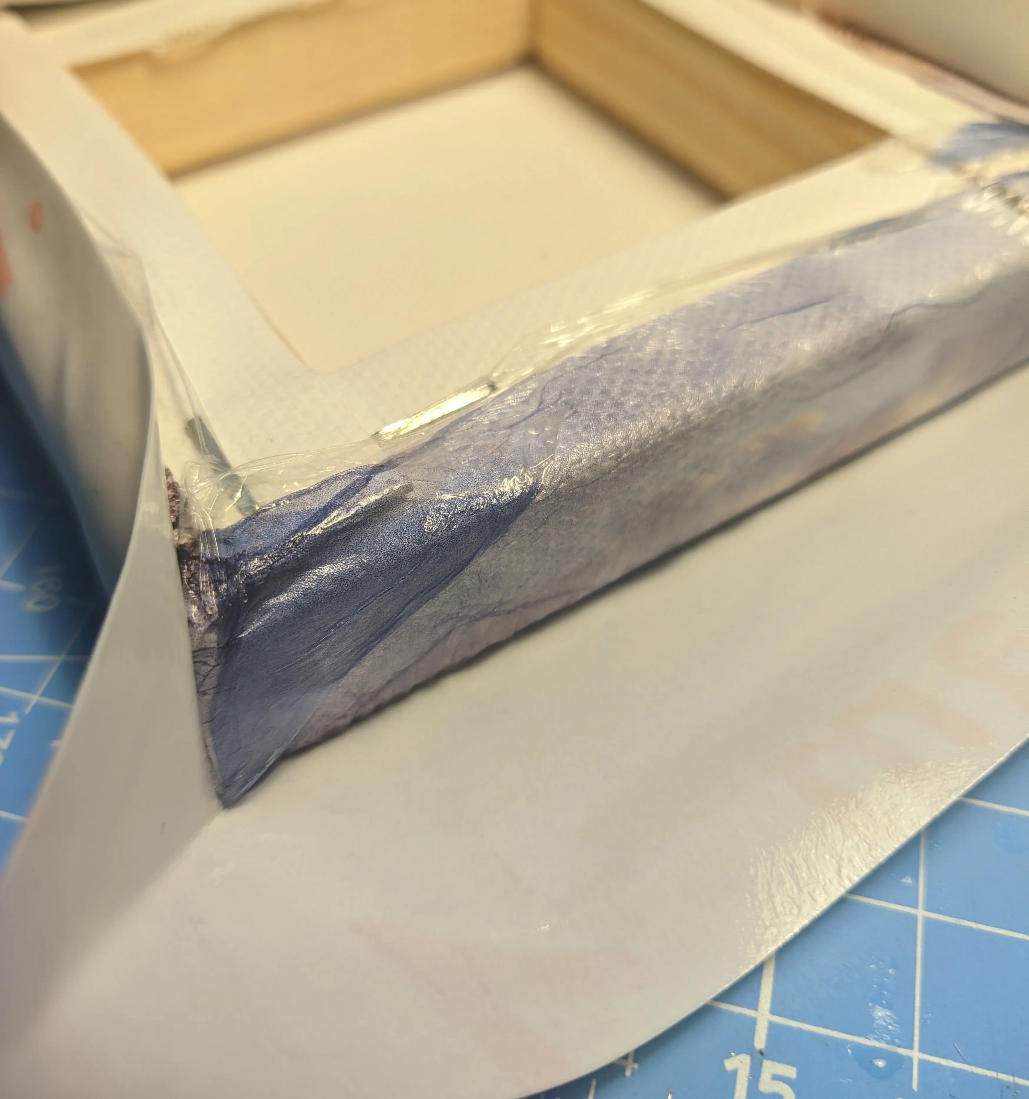 The outside paper partially peeled away from the canvas, revealing the plastic film stuck to the canvas