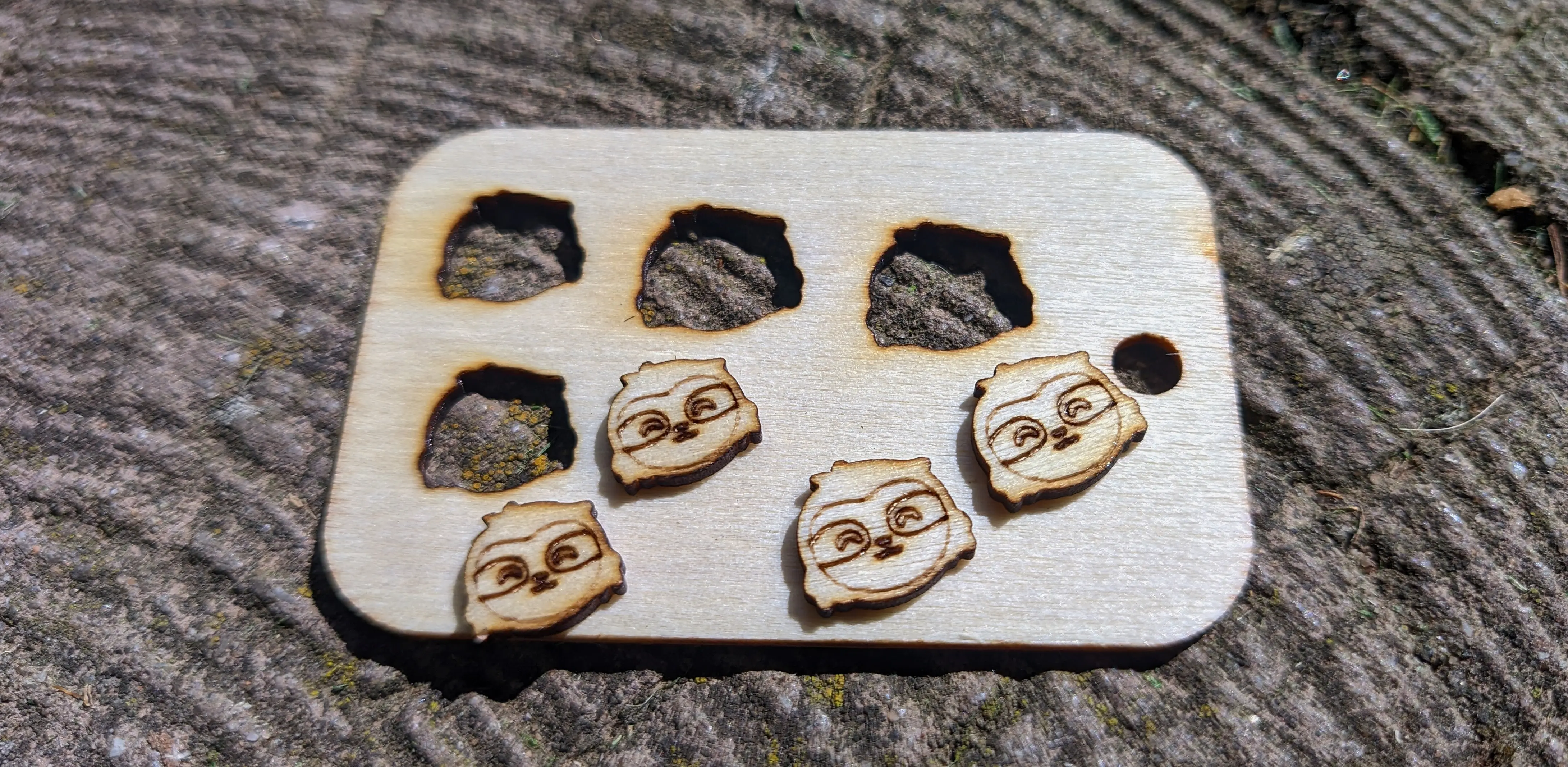 Laser-cut piece of wood with 4 missing sloth pieces. The cut-out pieces are lying on top of the piece of wood. They are sloth-shaped and have the detail engraved into them.