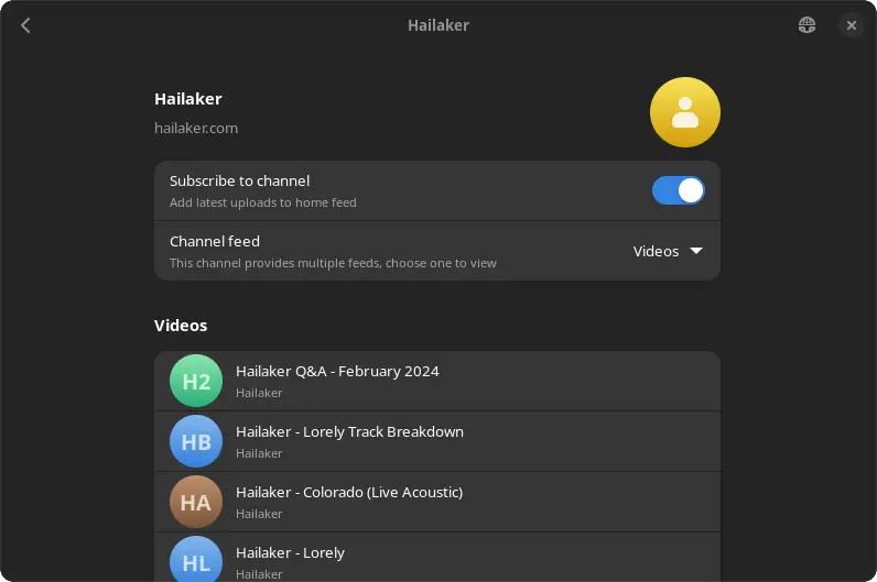 Channel browse screen, showing a placeholder avatar, the subscribe button and a selector for the specific channel feed. Below the about group is a list of videos.