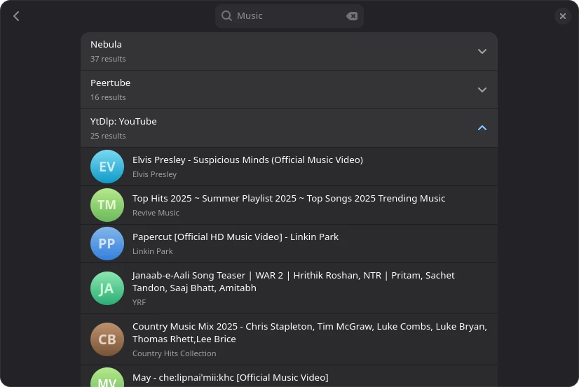 Global search UI, showing a search bar at the top and results grouped by streaming service. All but one result group are closed.