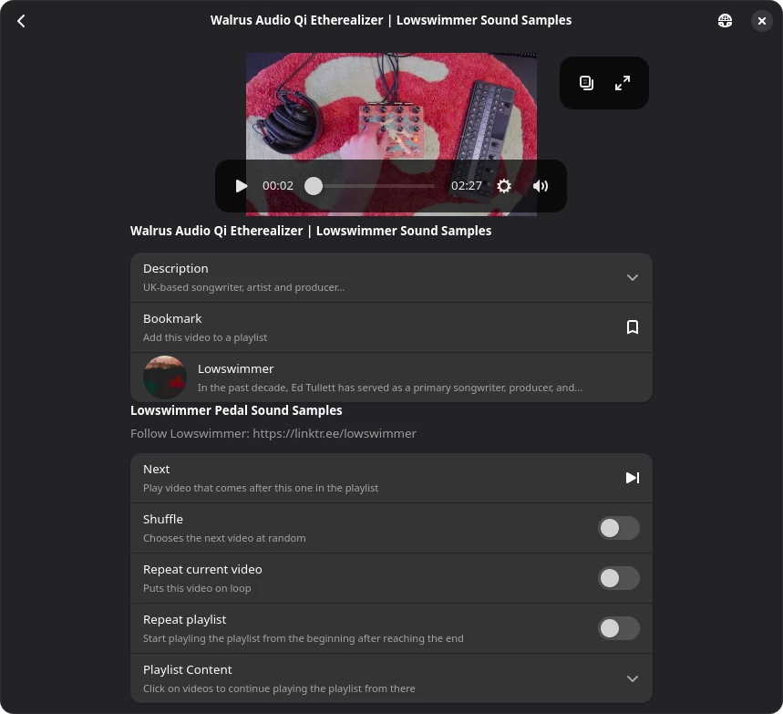 Playlist player, which looks like the normal video playback UI, but with additional playlist focused controls like previous and next buttons