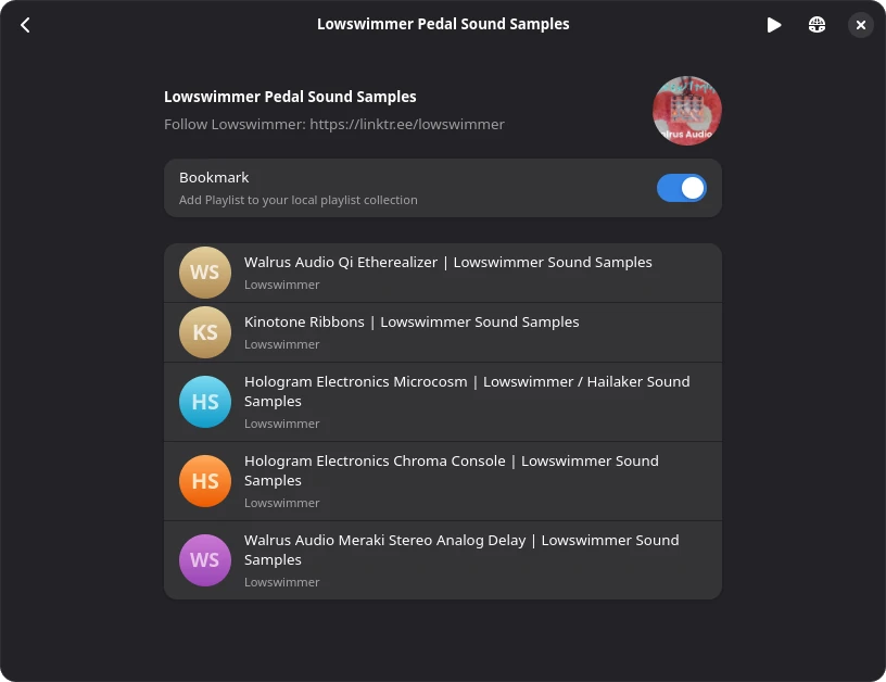External Playlist screen, which looks very similar to the channel screen, but it also contains a play button at the top