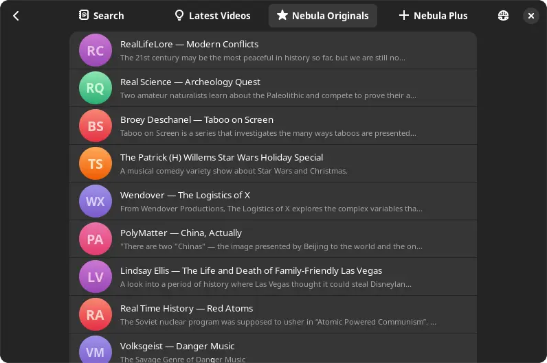 The Nebula Originals tab selected whilst browsing the Nebula straming service. The results are channels for every Nebula Original