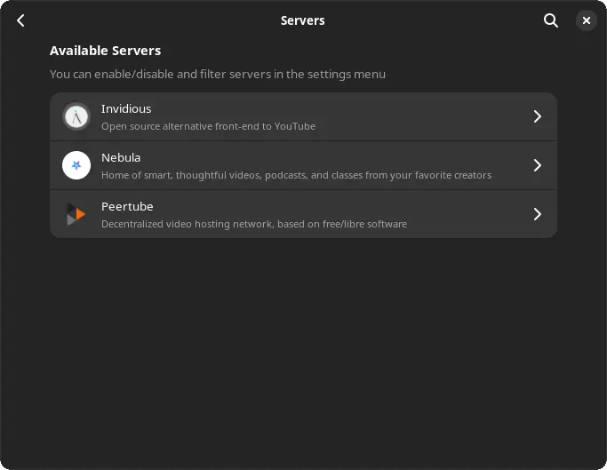 Server list, showing the three available streaming services as PreferenceRows