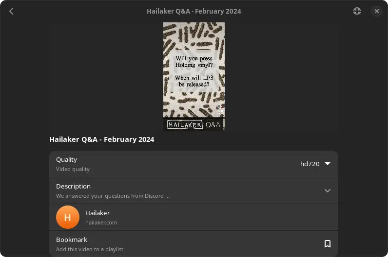 Video playback screen, showing a quality selector and the video playing on top
