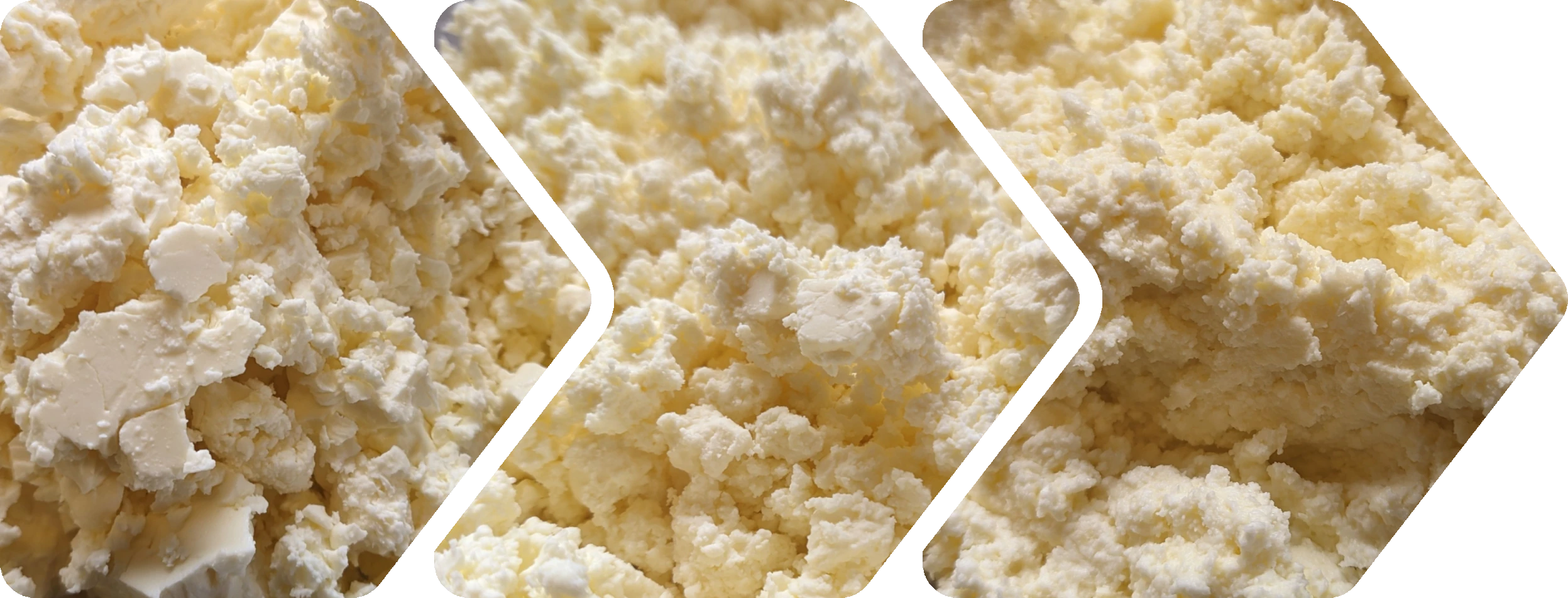 Three progress report photos, showing the cheese crumbs becoming smaller and forming a spread consistency
