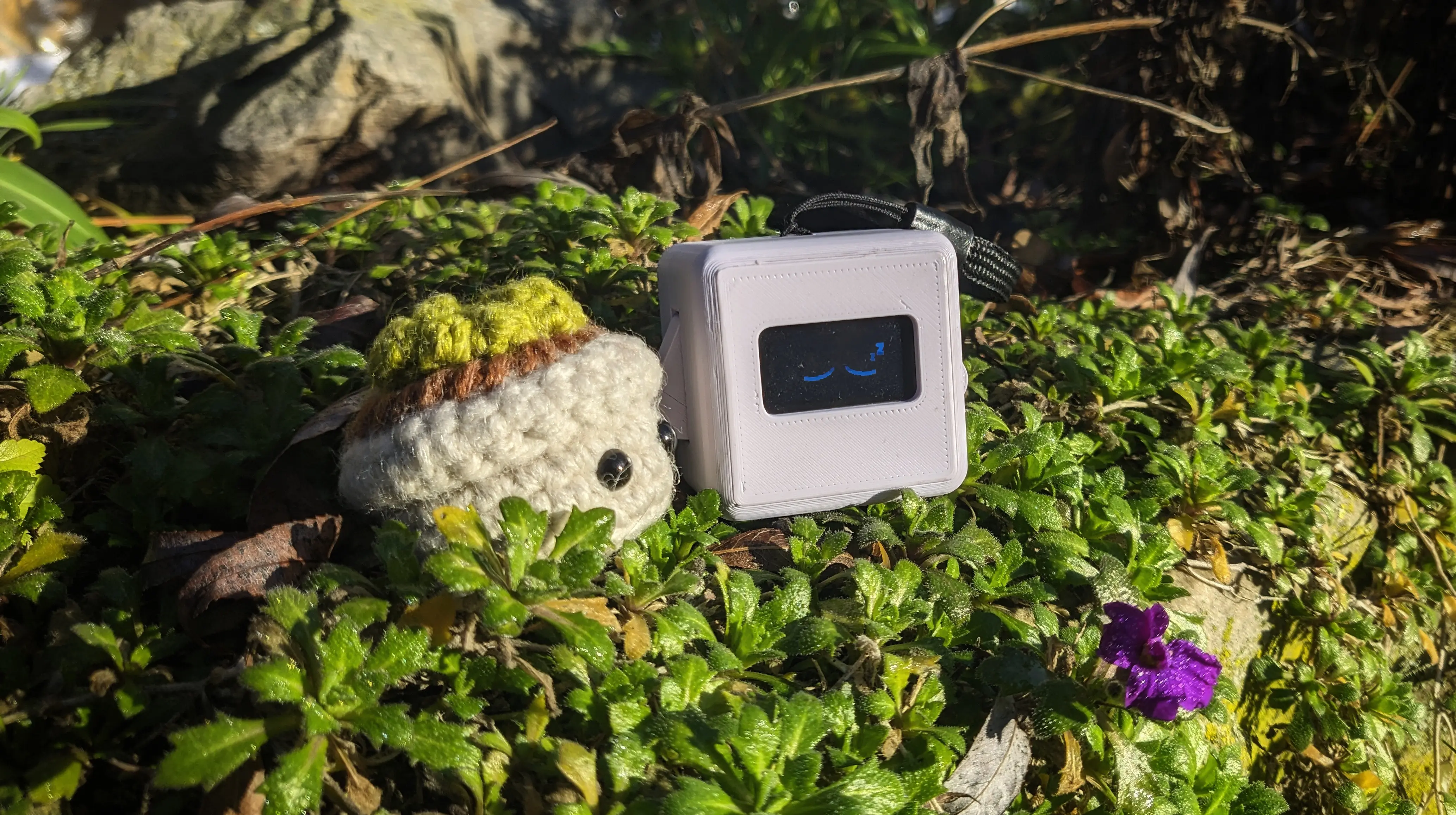 A small plastic block with arms and a display showing a sleeping face sitting next to a tiny crochet flowerpot, both nested in the leaves of a cushion plant.