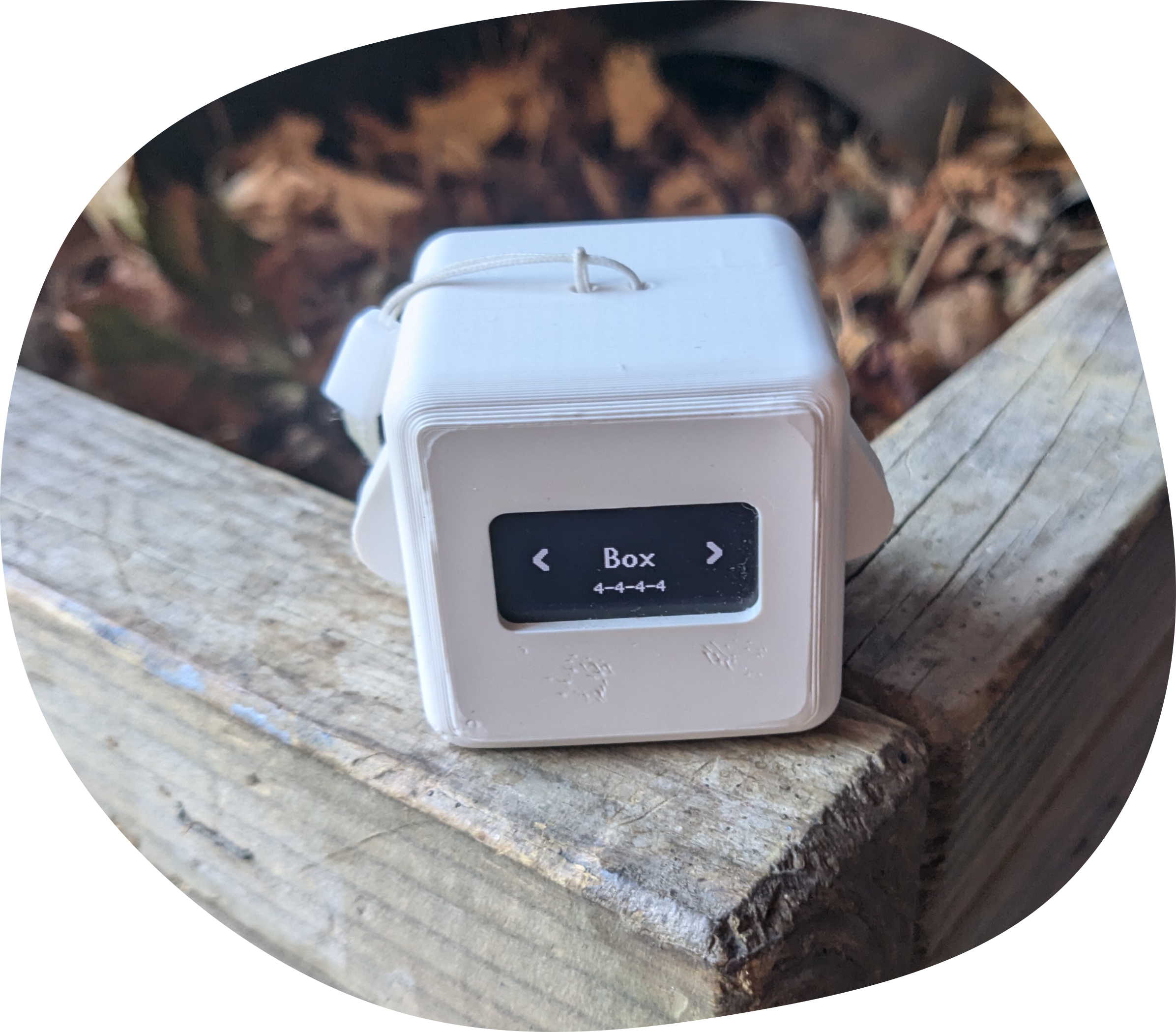 White Precious Block places on the edge of a wooden box, which is filled with leaves.
The display shows the Breathing Applet menu, with &ldquo;Box 4-4-4-4&rdquo; being currently selected.