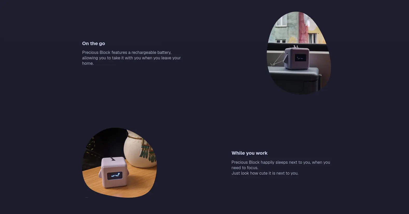 Website screenshot. Two rows with an image, headline and text each.
The top row reads &ldquo;On the go&rdquo; with a picture of Precious Block sitting on the top of a train trash can with the window behind it.
The other row reads &ldquo;While you work&rdquo; with a picture of Precious Block on a desk.