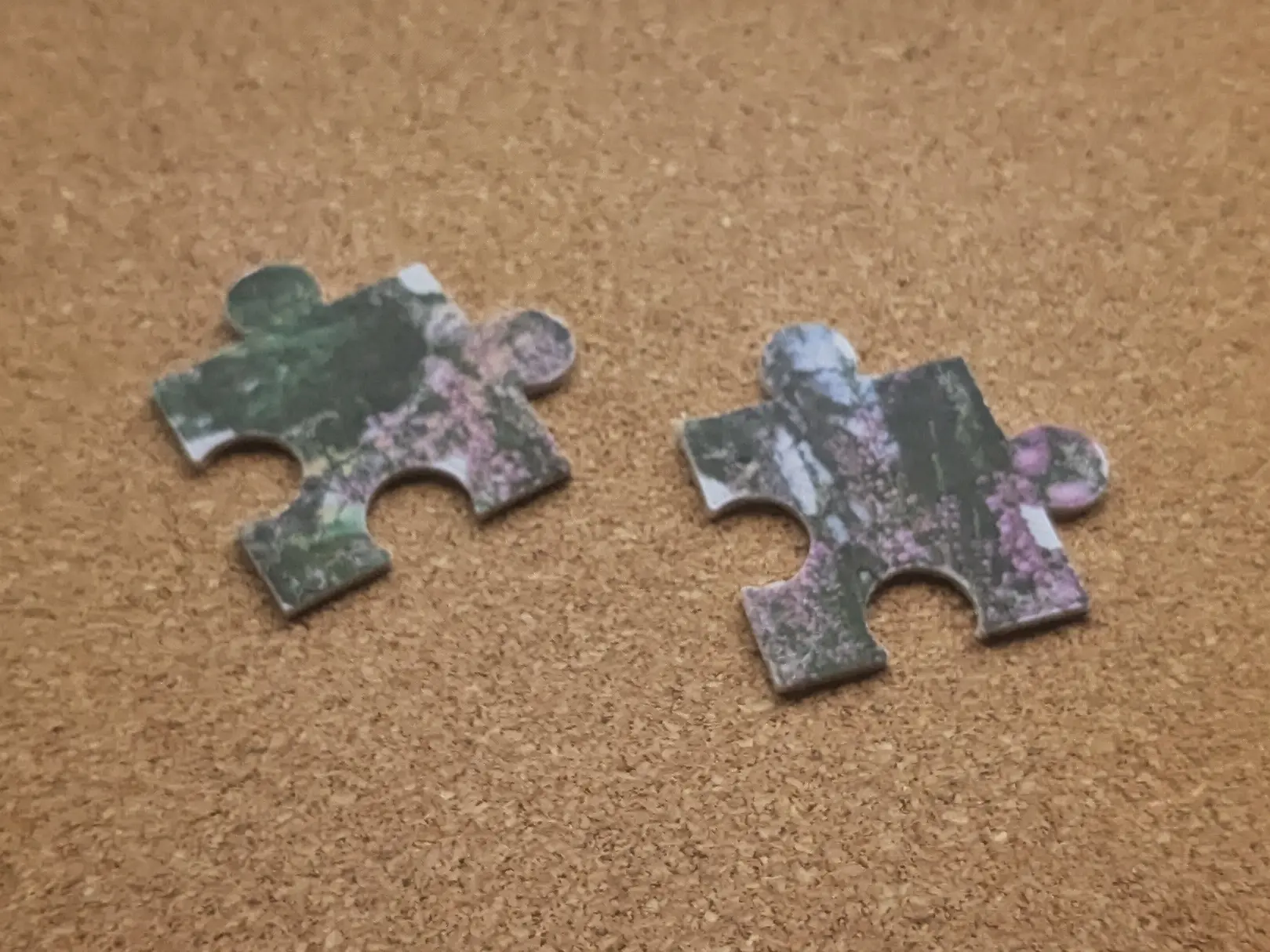 Two large puzzle pieces placed randomly on a wooden surface.
They each have a portion of a photograph on them, although some areas have been chipped off.
