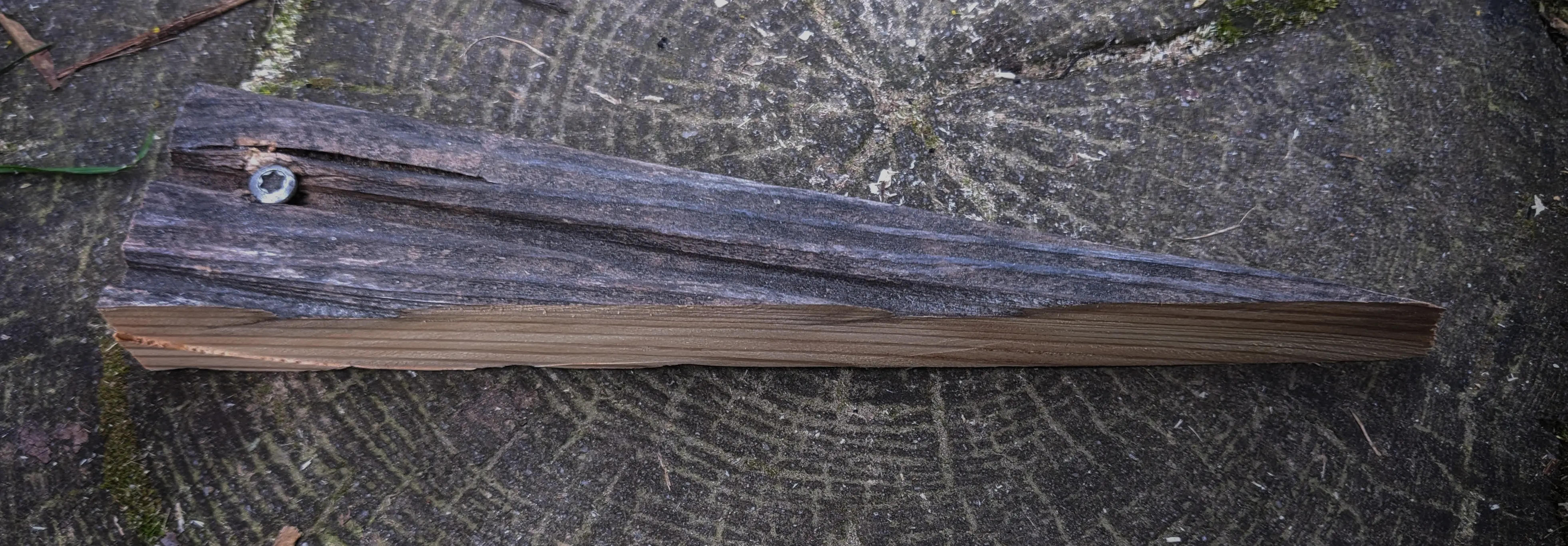 Wooden triangle cutoff, showing that the screw is about 1 cm away from the cut edge.