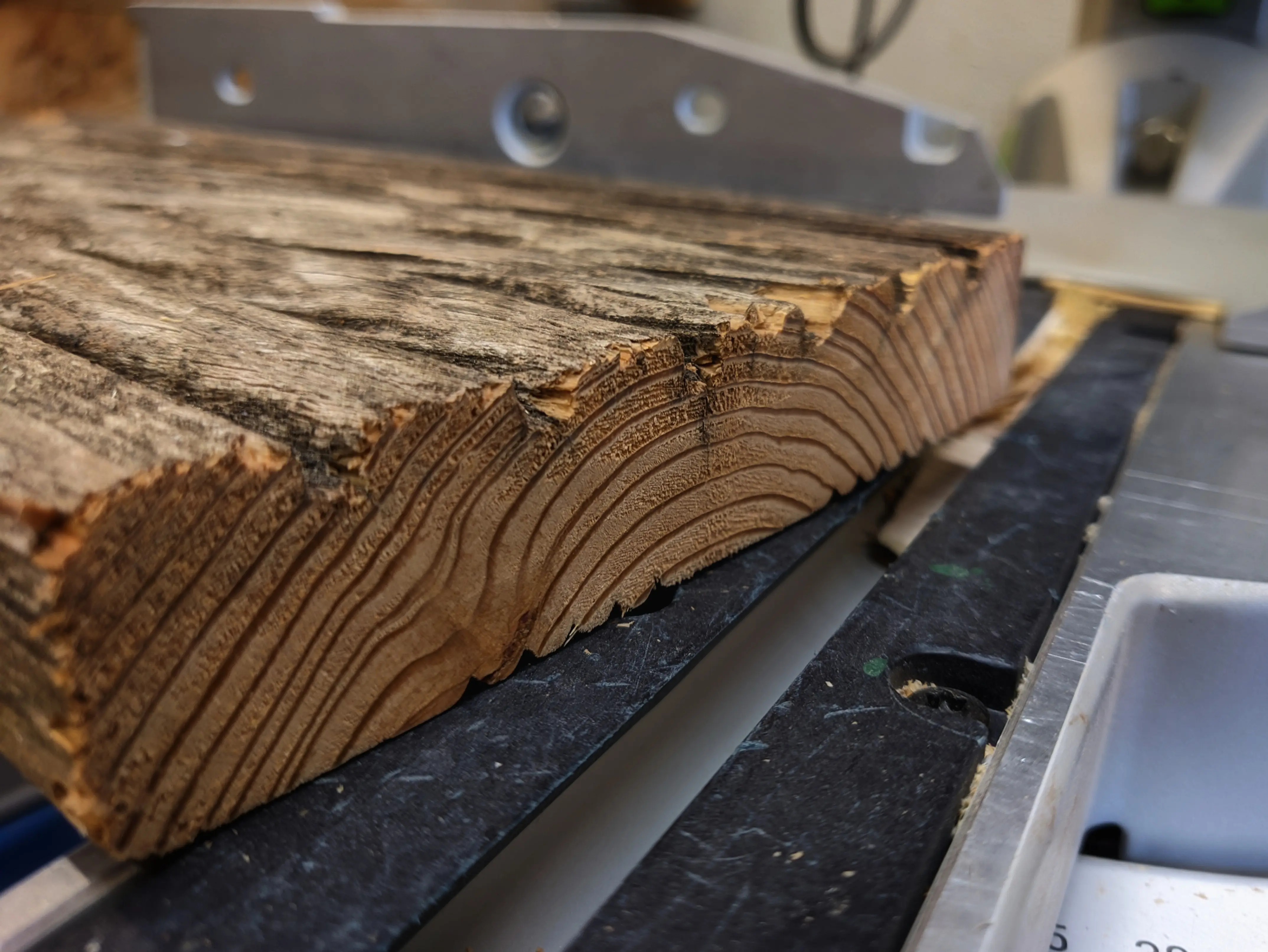 Piece of wood sitting on the miter saw base. The front edge is freshly cut and shows the wood grain.