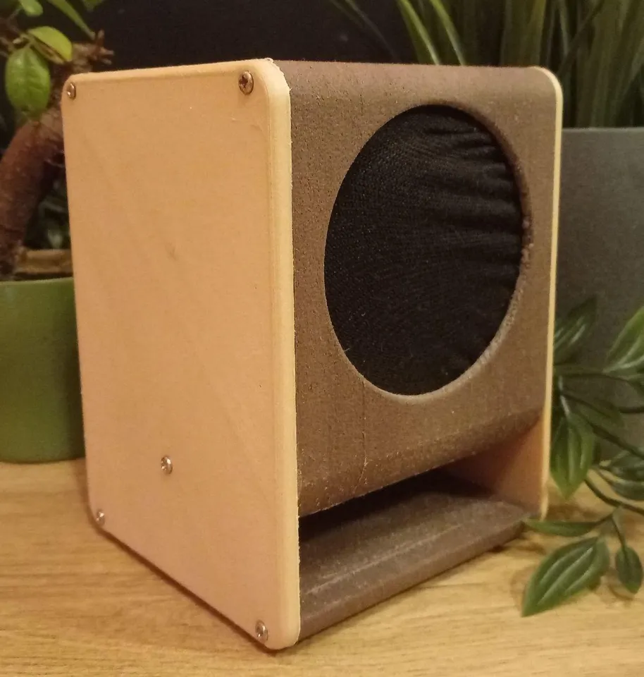 Speaker from the front. The central part is made out of dark brown plastik, whilst the two side panels are made out of lighter shade of brown