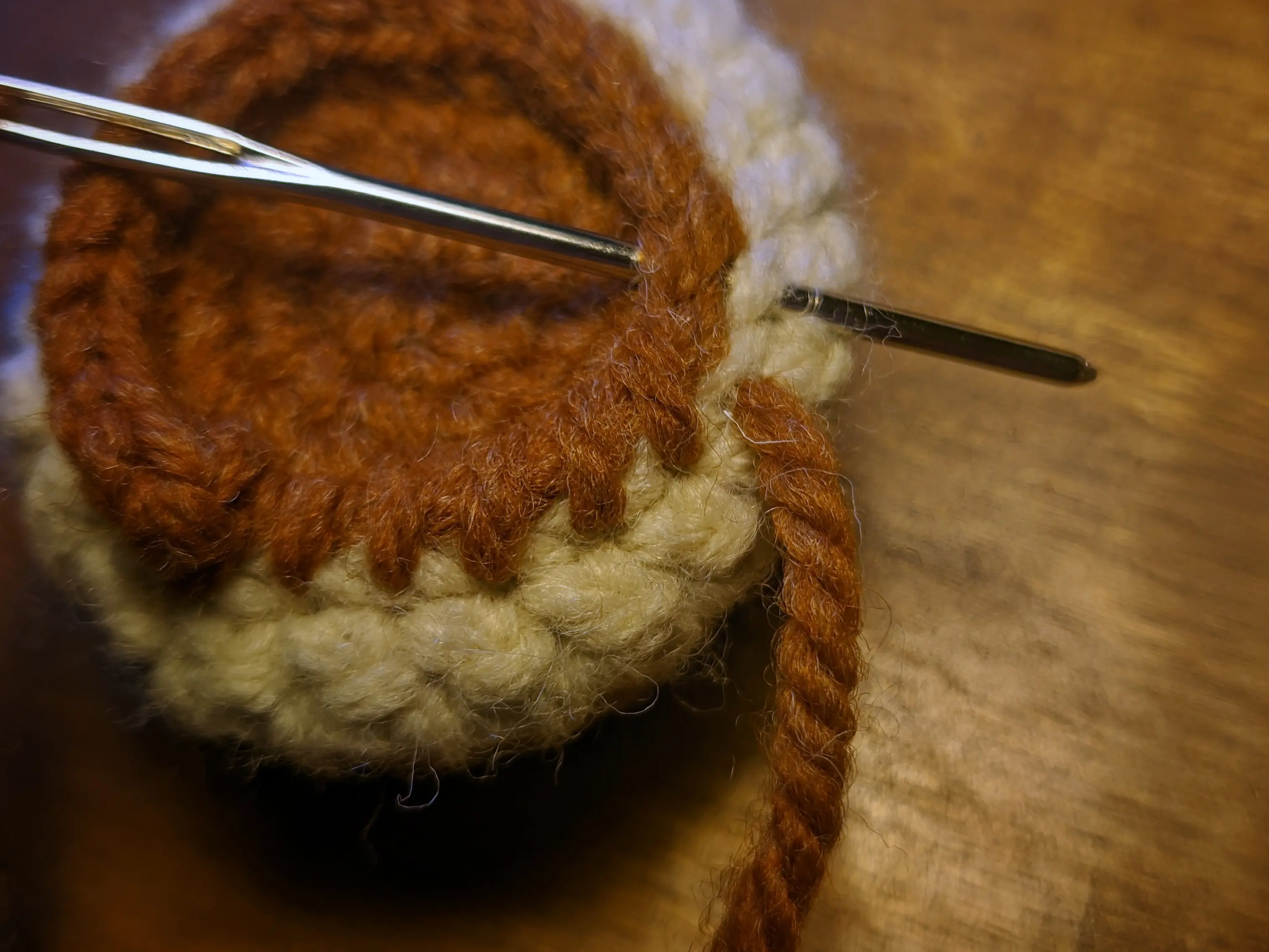 Close-up of the top of the flowerpot.
A metal needle is sticking through a stitch on the brown disk from the top, through the inner loop of the wall from the bottom.
Multiple loops have already been sewn clockwise of the needle, forming slightly angled yarn lines connecting the pot with the brown disk.