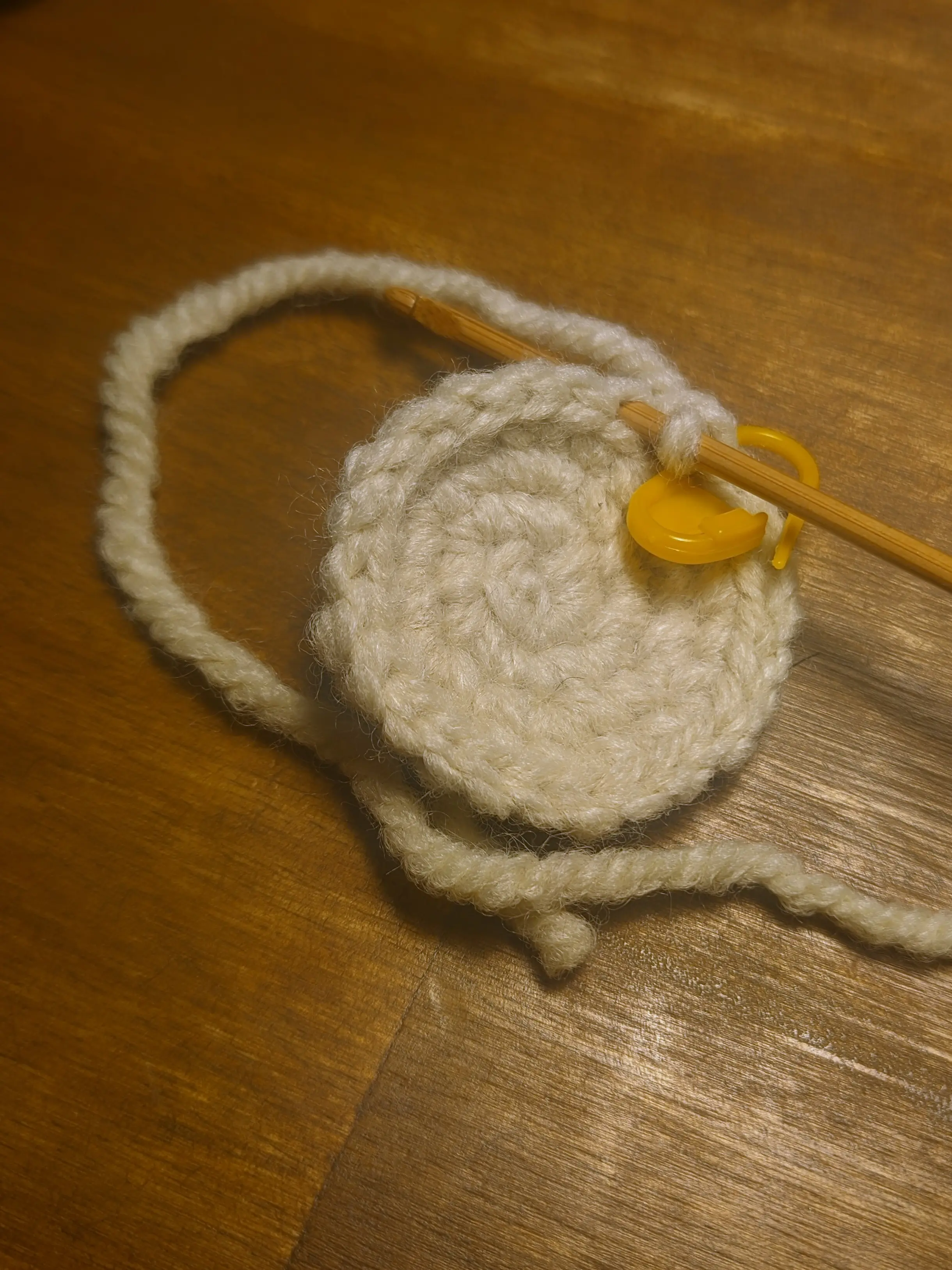 The same crochet disk, but the crochet hook is now going through the outer loop of the stitch previously marked by the stitch marker.
On the left of it, the inner loop of the stitch is lying flat.