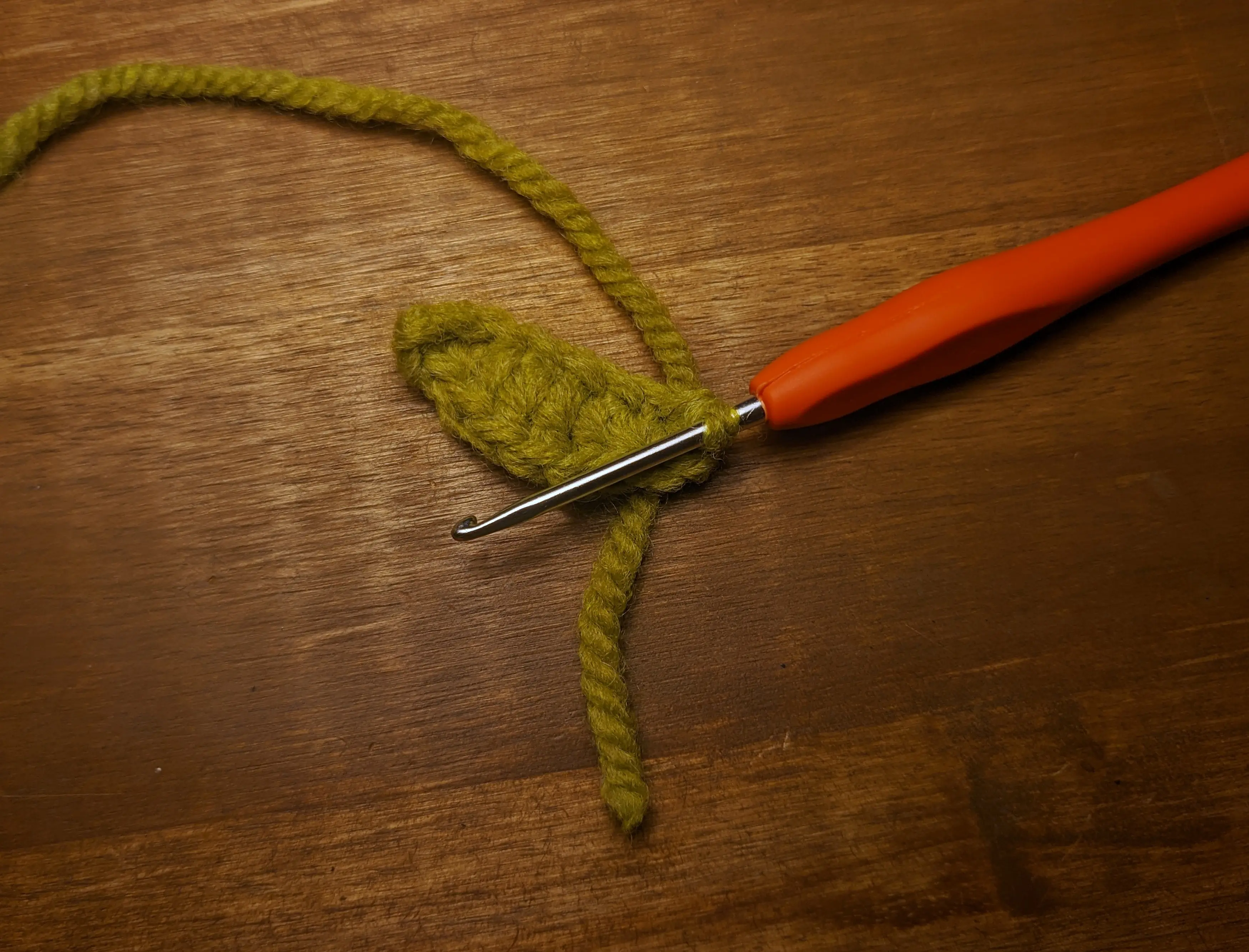 Green crochet shape that looks like a cut-in-half ellipse. The last loop is still around the hook with the yarn running off-screen. It already looks like half of an oval leaf
