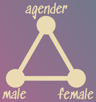 Three white dots on a gradient background. All of them are connected by lines to form an equilateral triangle. The top corner is labeled &ldquo;agender&rdquo; and the two points on the bottom are labeled &ldquo;male&rdquo; and &ldquo;female&rdquo;